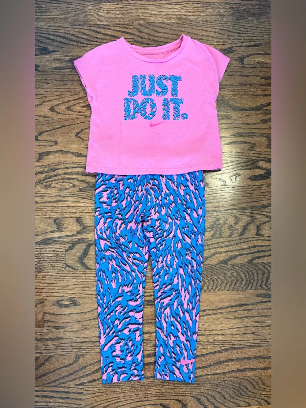 Nike Pink Top with Blue-Pink Patterned Leggings